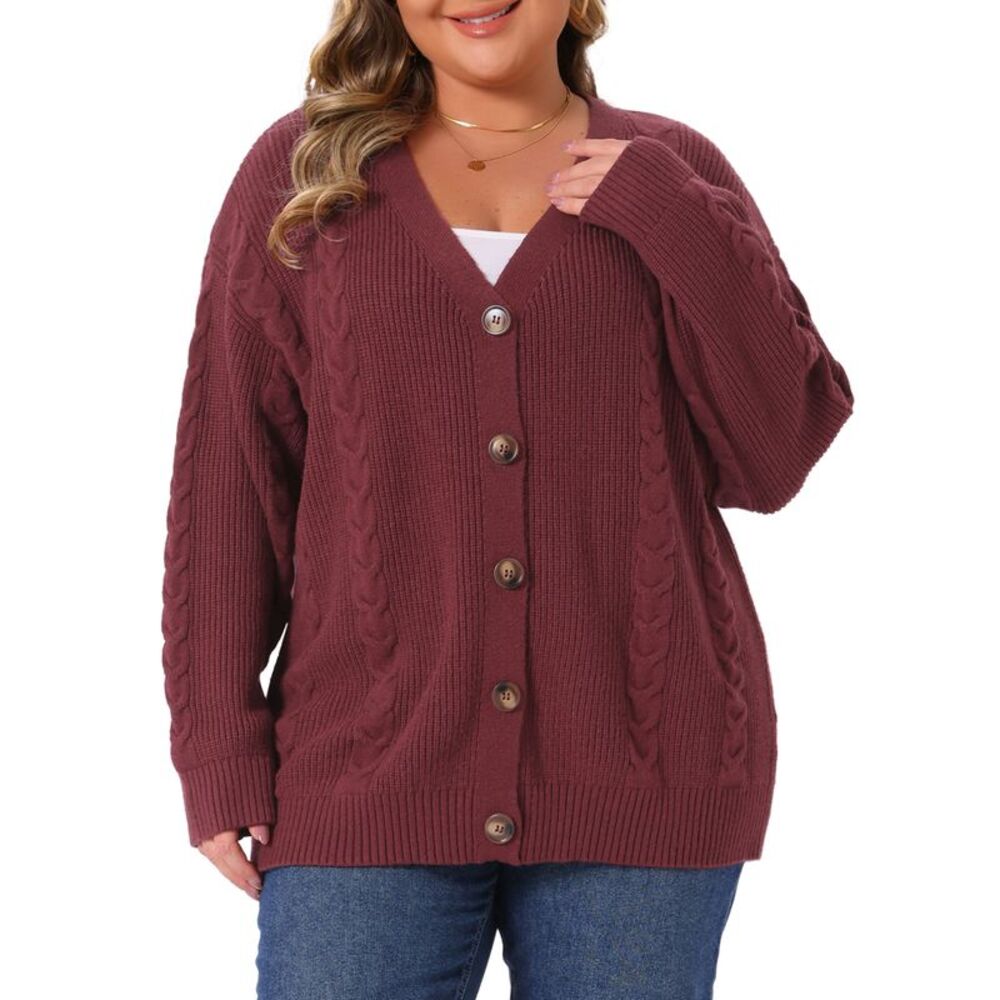 Women Plus Size Casual Knit V Neck Button Down Cardigan Burgundy